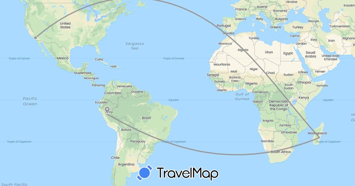 TravelMap itinerary: driving, plane in Madagascar, Peru, United States (Africa, North America, South America)